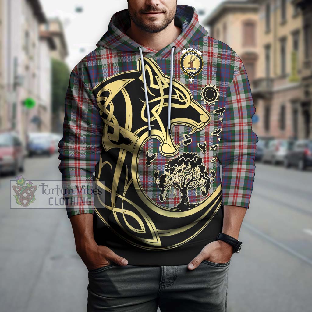 Tartan Vibes Clothing Fraser Red Dress Tartan Hoodie with Family Crest Celtic Wolf Style