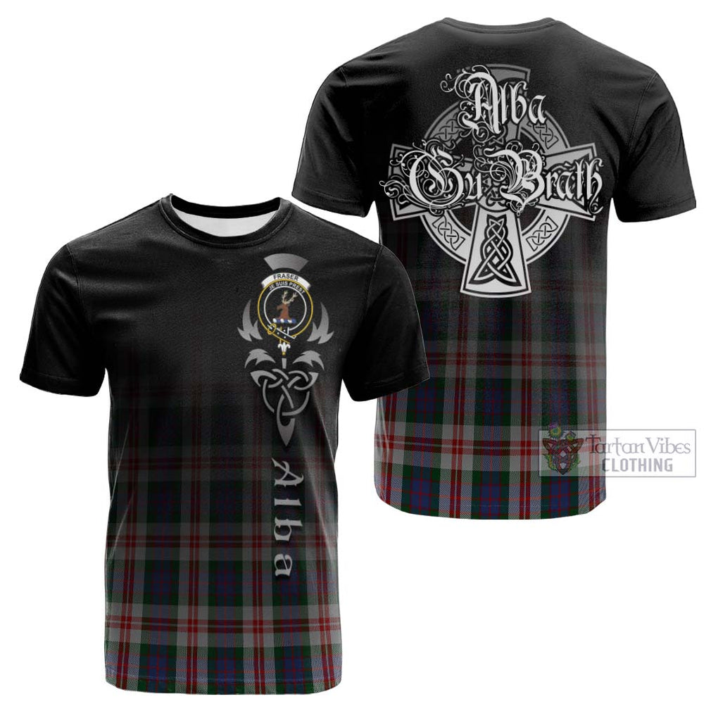 Tartan Vibes Clothing Fraser Red Dress Tartan Cotton T-shirt Featuring Alba Gu Brath Family Crest Celtic Inspired