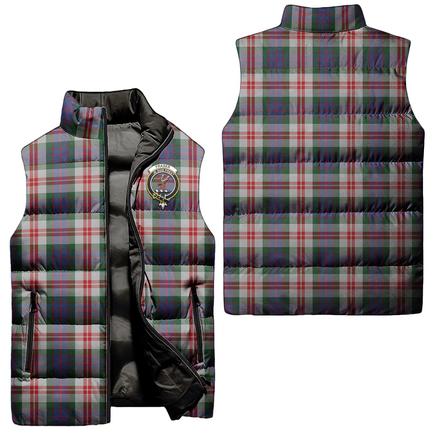 Fraser Red Dress Tartan Sleeveless Puffer Jacket with Family Crest Unisex - Tartanvibesclothing