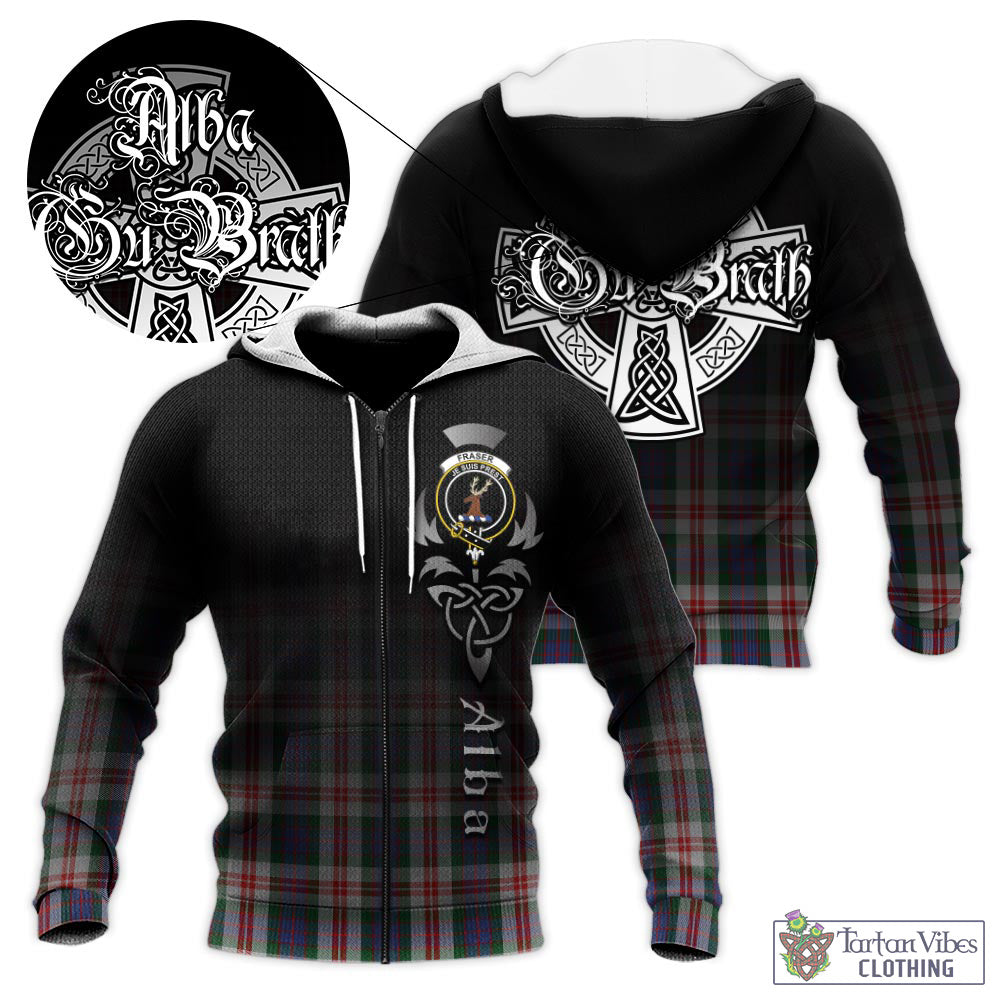 Tartan Vibes Clothing Fraser Red Dress Tartan Knitted Hoodie Featuring Alba Gu Brath Family Crest Celtic Inspired