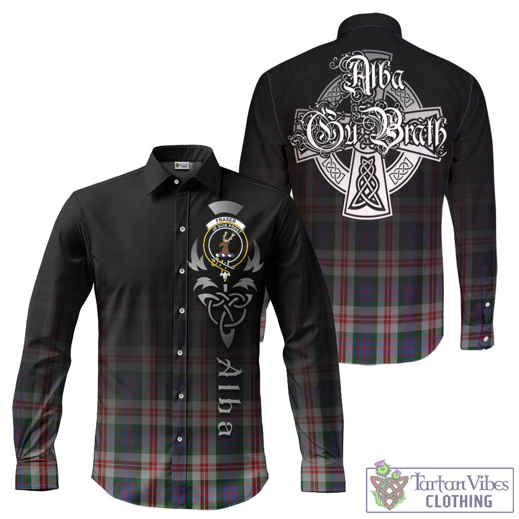 Tartan Vibes Clothing Fraser Red Dress Tartan Long Sleeve Button Up Featuring Alba Gu Brath Family Crest Celtic Inspired