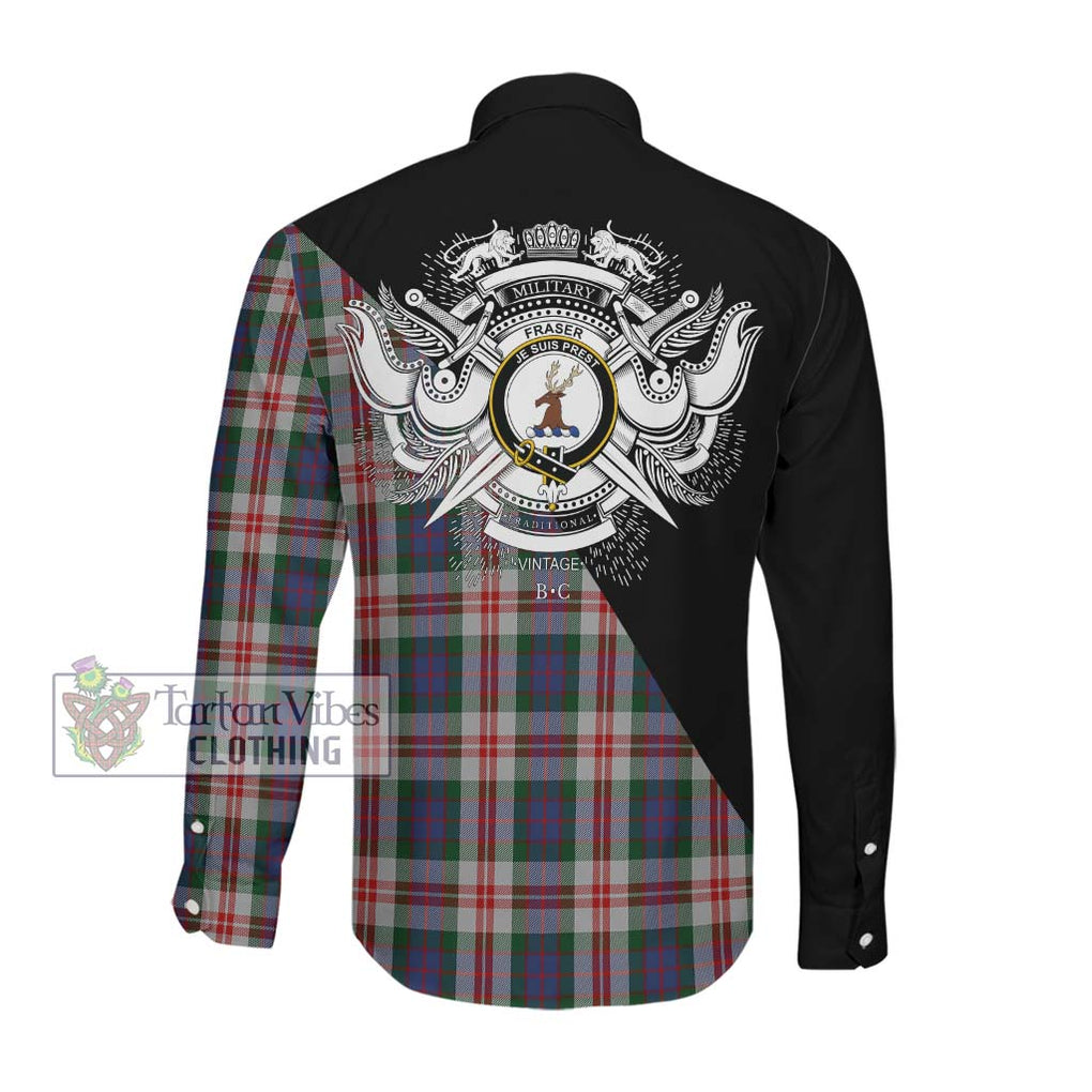 Fraser Red Dress Tartan Long Sleeve Button Shirt with Family Crest and Military Logo Style Men's Shirt - Tartanvibesclothing Shop