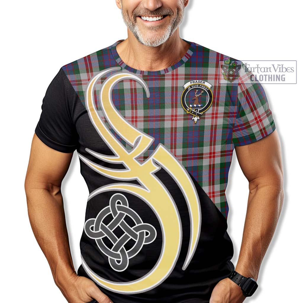 Tartan Vibes Clothing Fraser Red Dress Tartan T-Shirt with Family Crest and Celtic Symbol Style