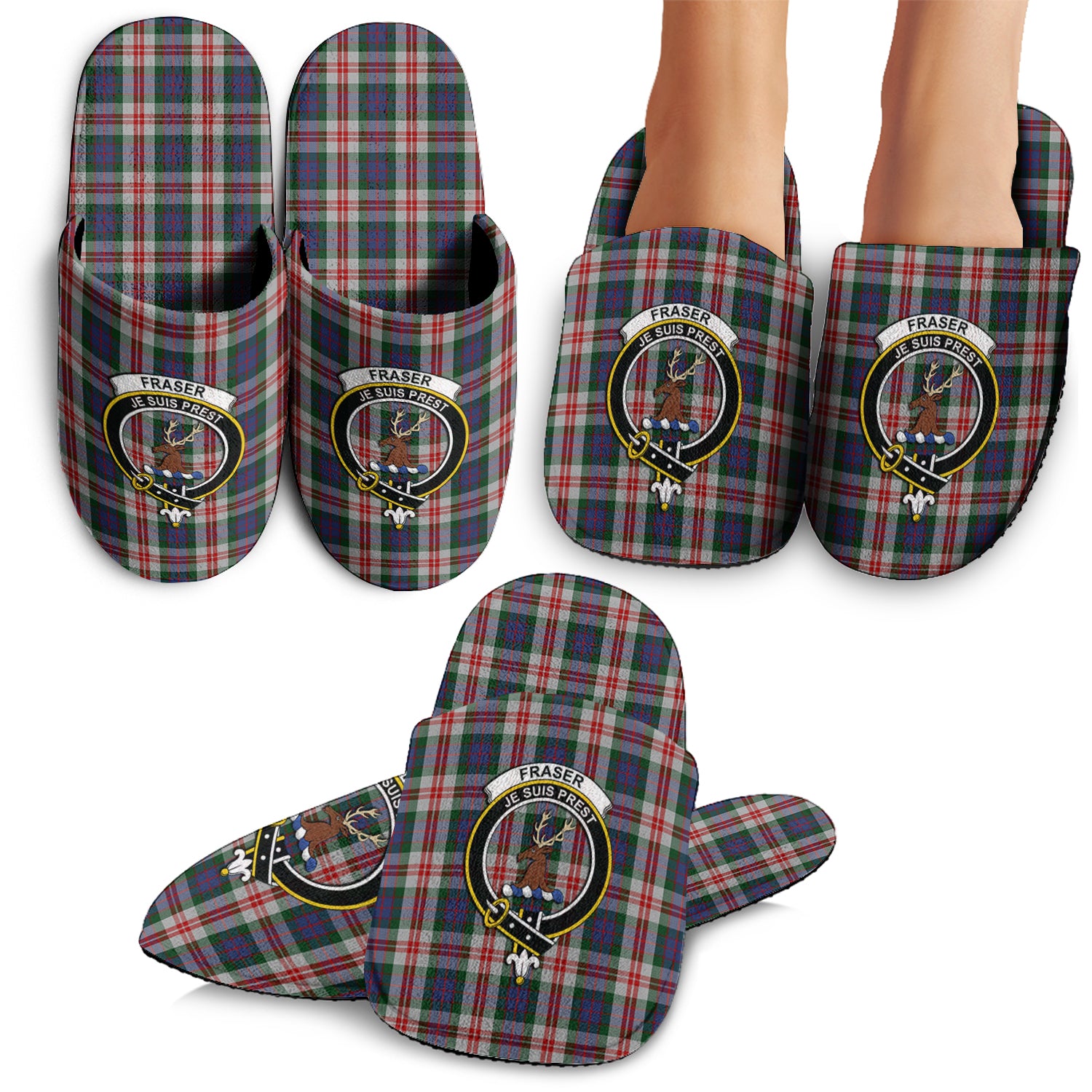 Fraser Red Dress Tartan Home Slippers with Family Crest - Tartanvibesclothing