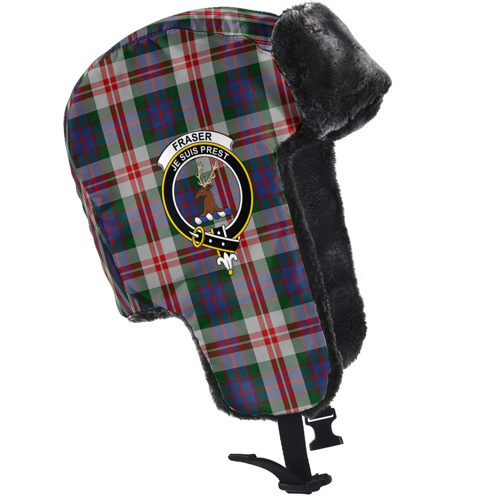 Fraser Red Dress Tartan Winter Trapper Hat with Family Crest - Tartanvibesclothing