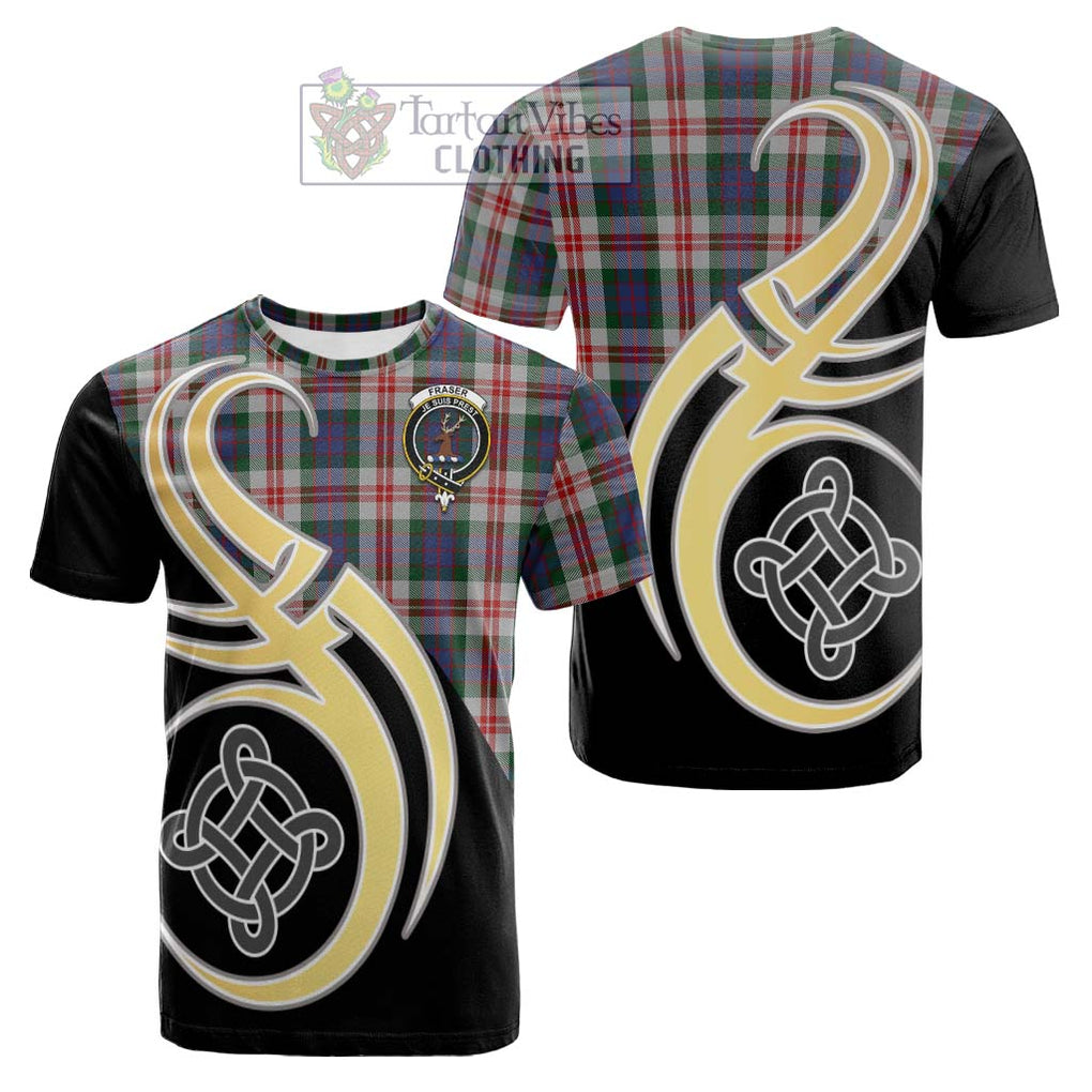 Tartan Vibes Clothing Fraser Red Dress Tartan Cotton T-shirt with Family Crest and Celtic Symbol Style