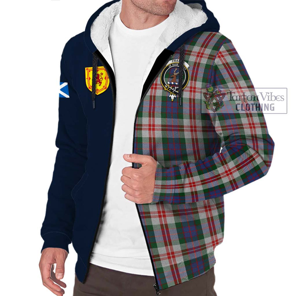 Tartan Vibes Clothing Fraser Red Dress Tartan Sherpa Hoodie with Scottish Lion Royal Arm Half Style