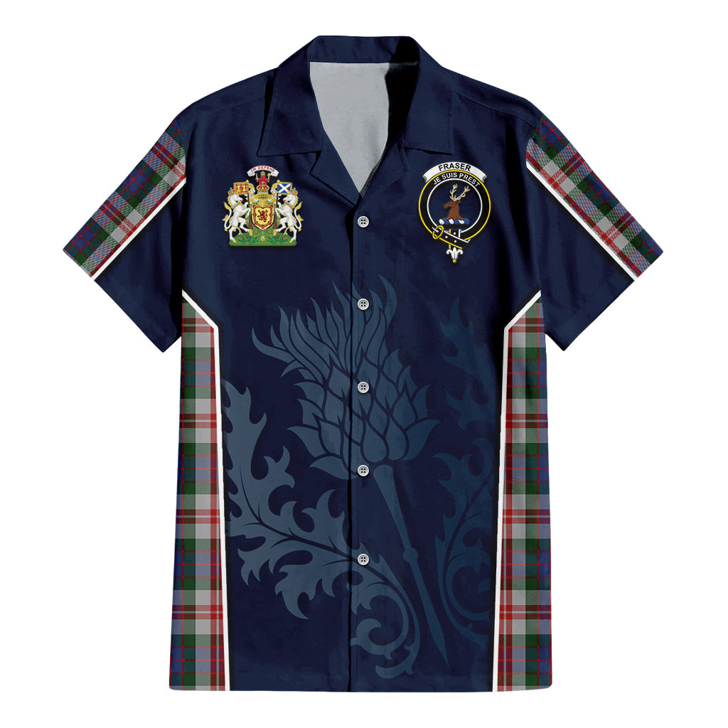 Tartan Vibes Clothing Fraser Red Dress Tartan Short Sleeve Button Up Shirt with Family Crest and Scottish Thistle Vibes Sport Style