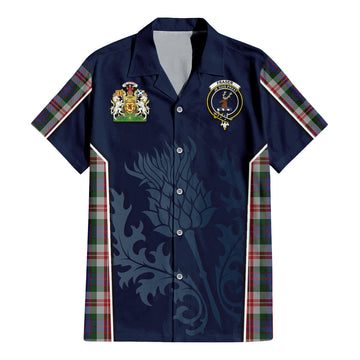 Fraser Red Dress Tartan Short Sleeve Button Up Shirt with Family Crest and Scottish Thistle Vibes Sport Style