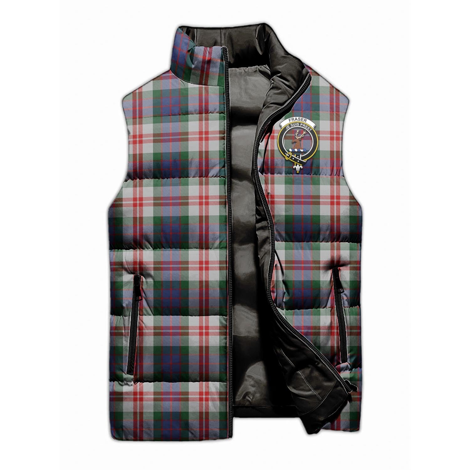 Fraser Red Dress Tartan Sleeveless Puffer Jacket with Family Crest - Tartanvibesclothing