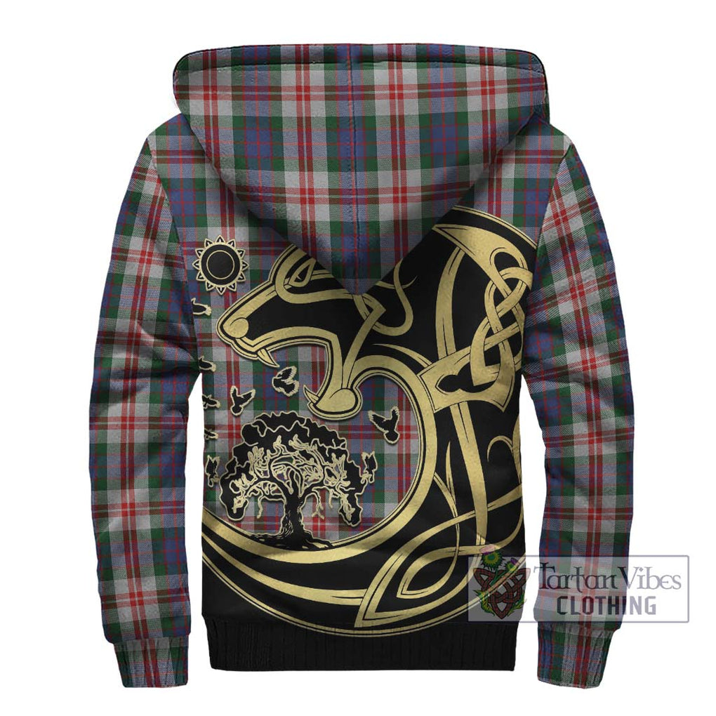 Fraser Red Dress Tartan Sherpa Hoodie with Family Crest Celtic Wolf Style - Tartan Vibes Clothing