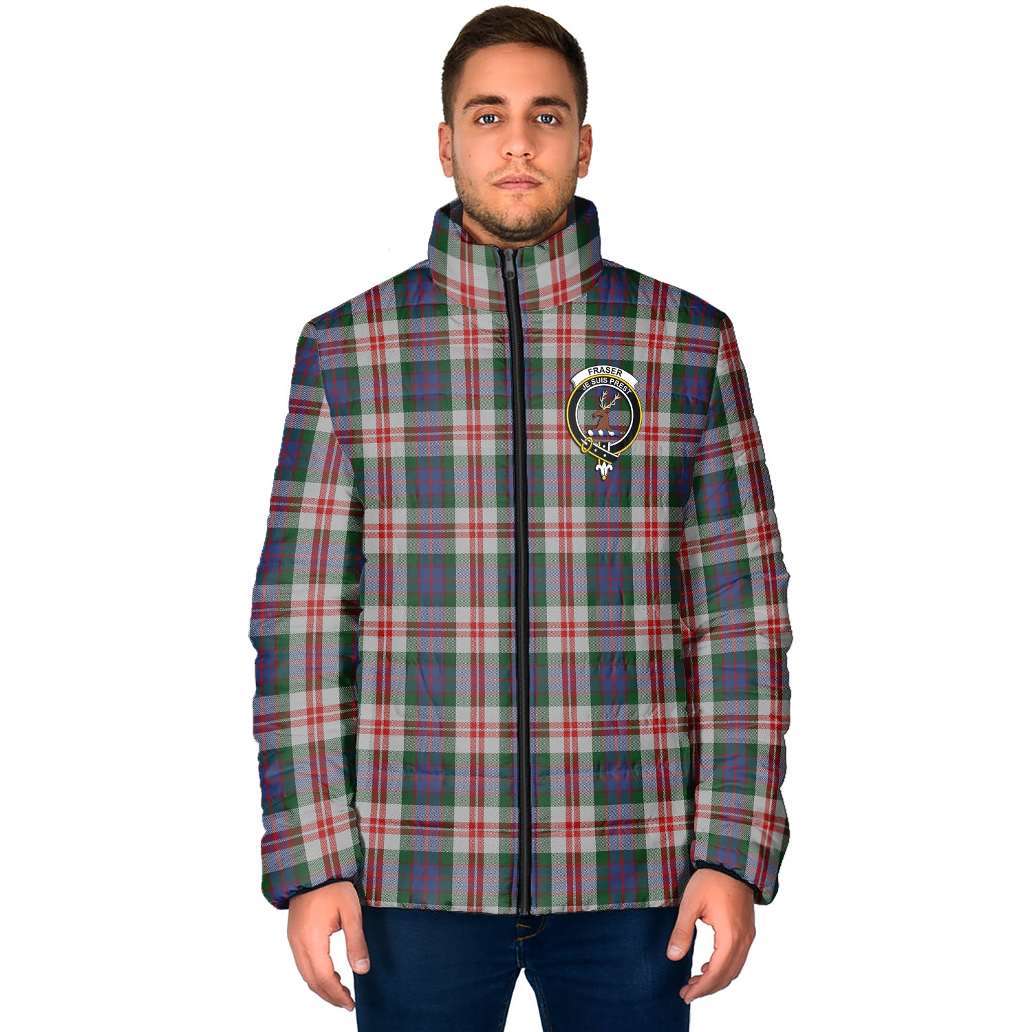 Fraser Red Dress Tartan Padded Jacket with Family Crest - Tartan Vibes Clothing