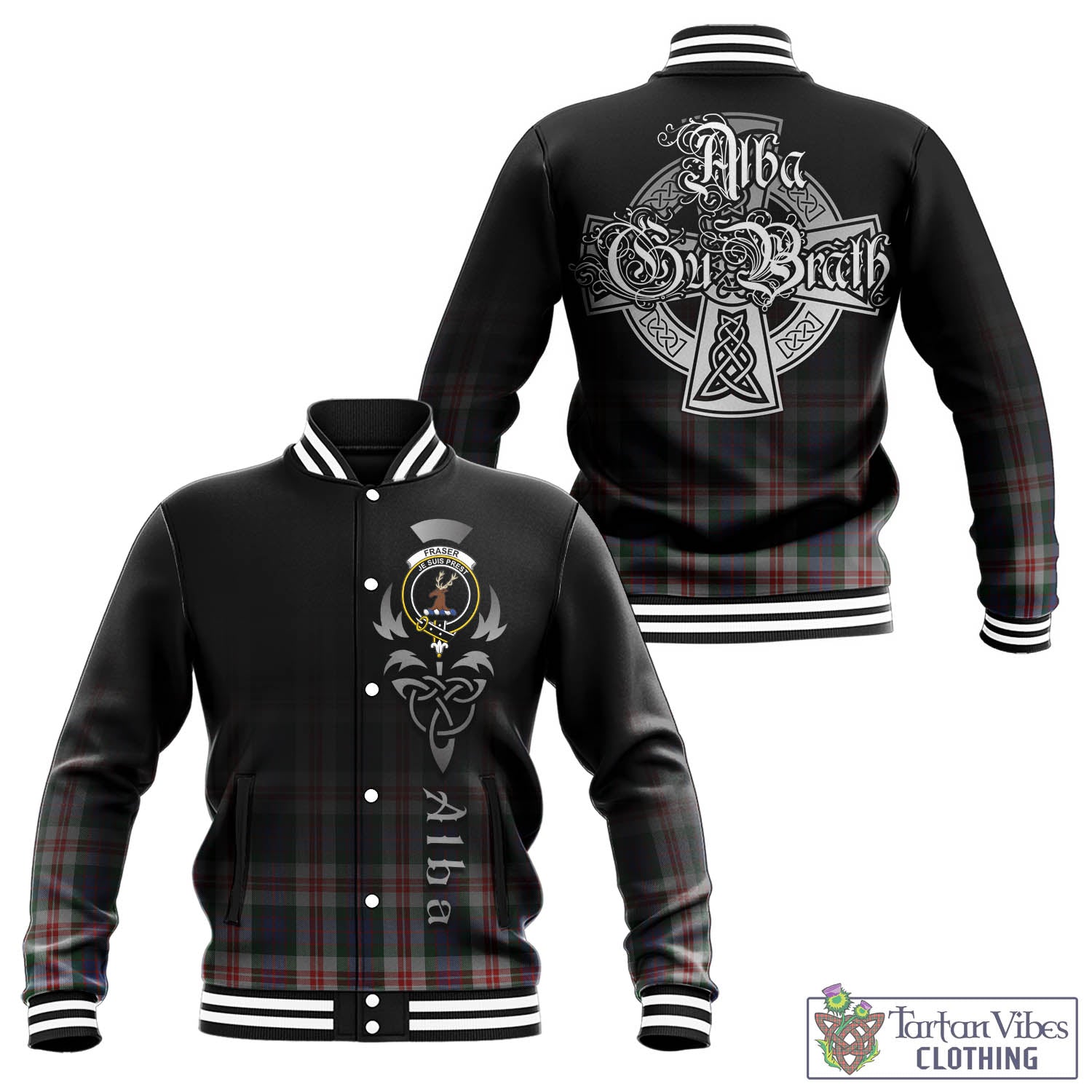 Tartan Vibes Clothing Fraser Red Dress Tartan Baseball Jacket Featuring Alba Gu Brath Family Crest Celtic Inspired