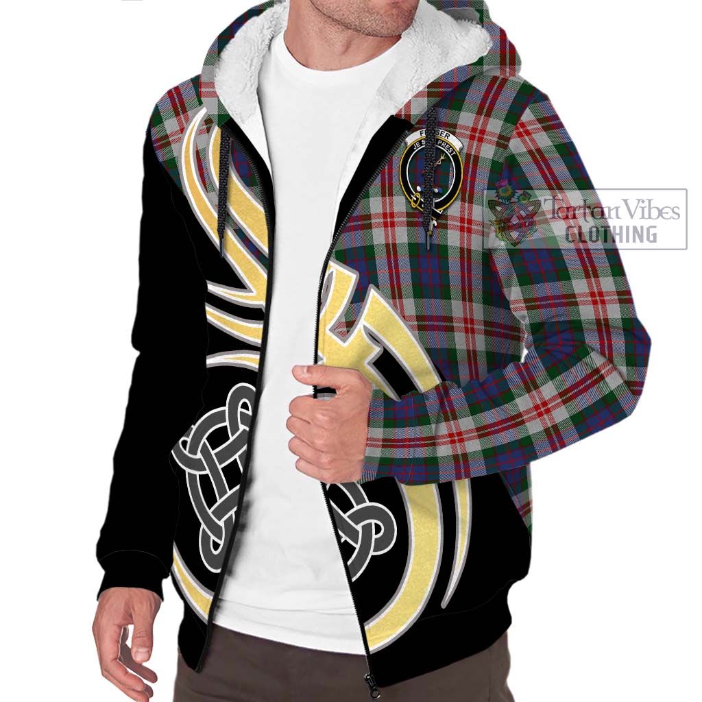 Fraser Red Dress Tartan Sherpa Hoodie with Family Crest and Celtic Symbol Style - Tartan Vibes Clothing