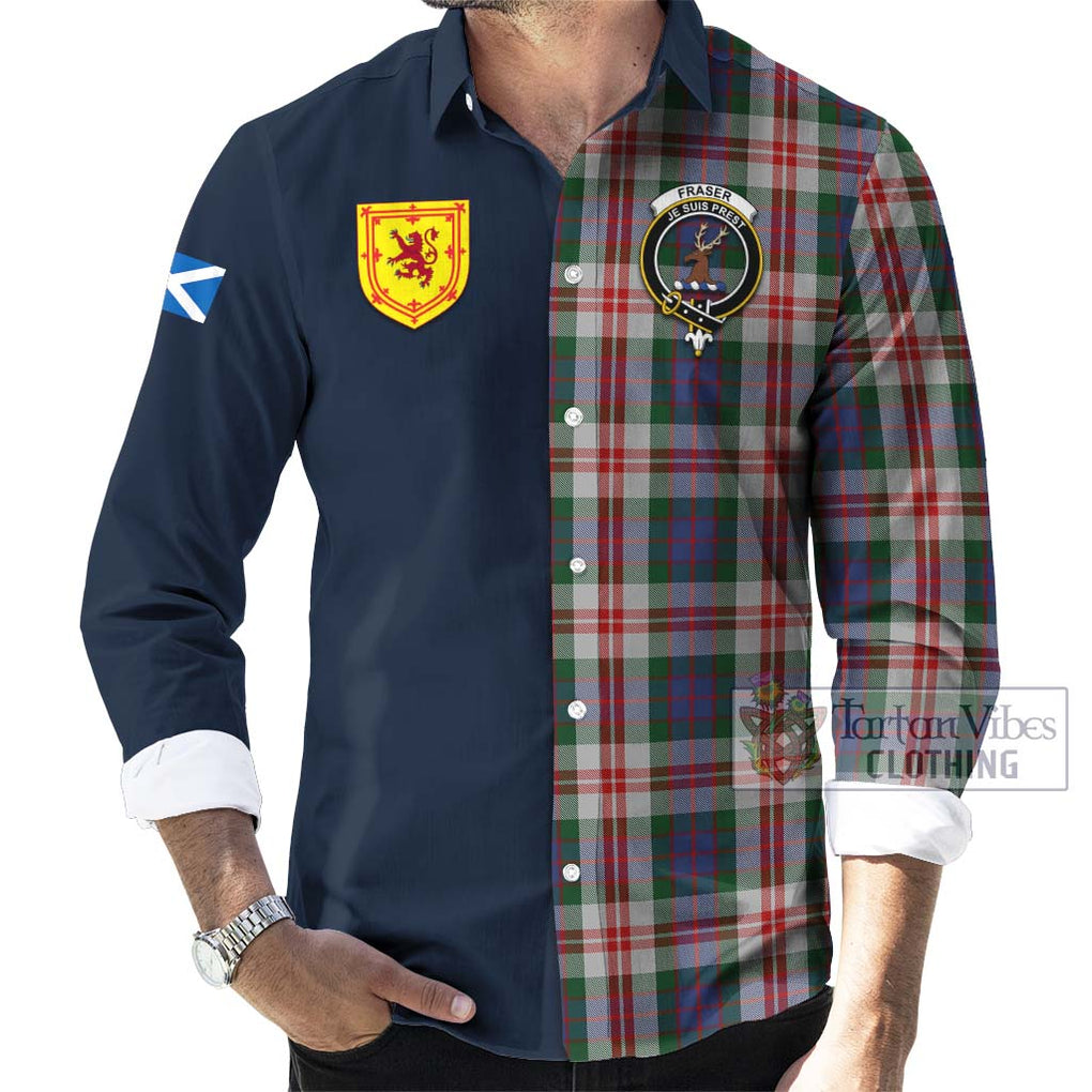 Tartan Vibes Clothing Fraser Red Dress Tartan Long Sleeve Button Shirt with Scottish Lion Royal Arm Half Style