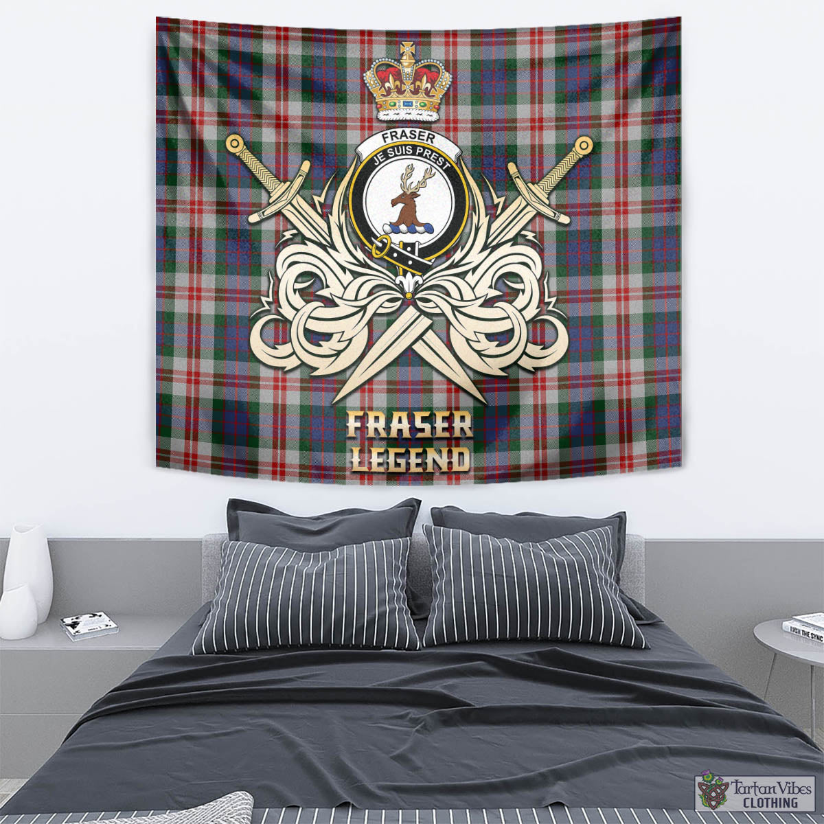 Tartan Vibes Clothing Fraser Red Dress Tartan Tapestry with Clan Crest and the Golden Sword of Courageous Legacy