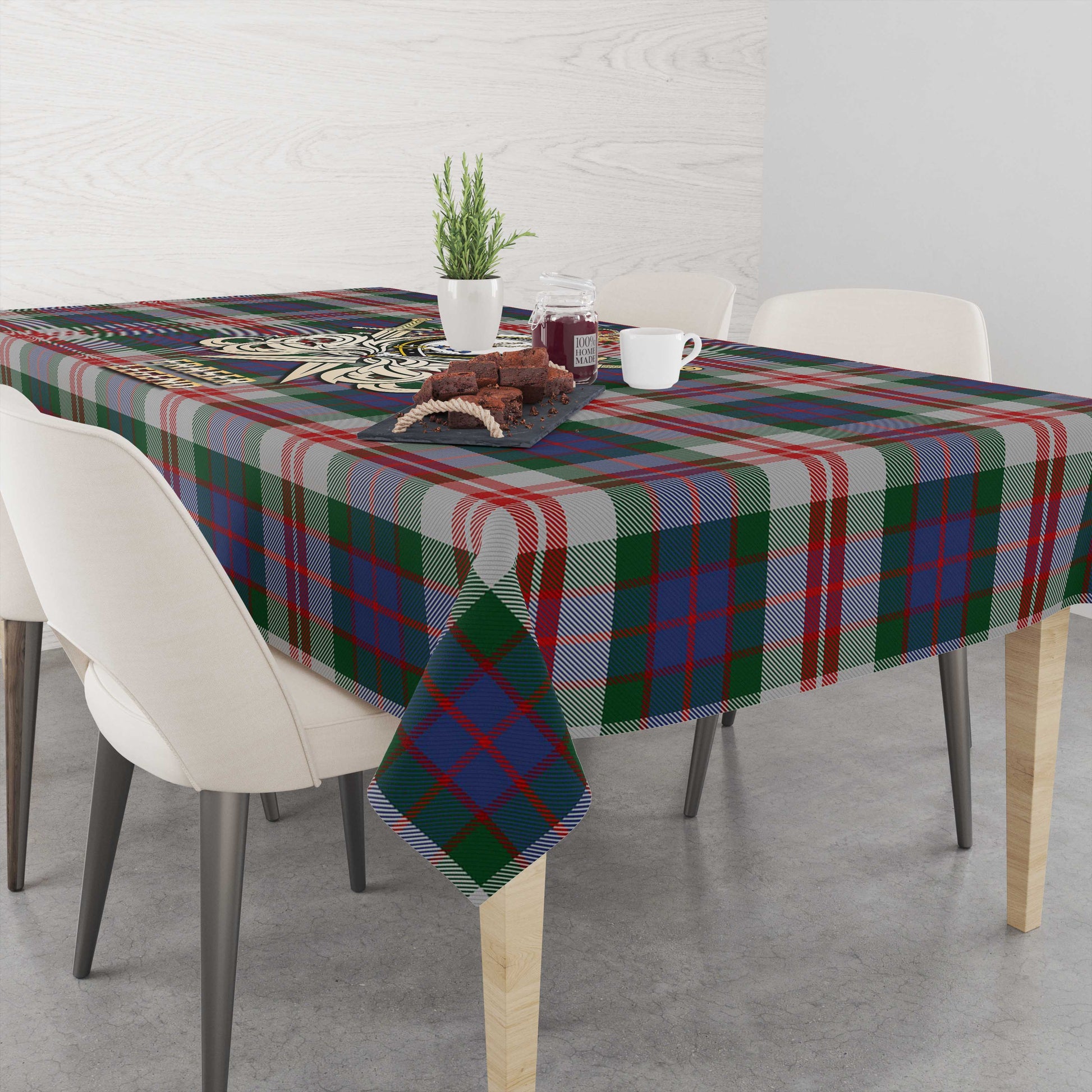 Tartan Vibes Clothing Fraser Red Dress Tartan Tablecloth with Clan Crest and the Golden Sword of Courageous Legacy