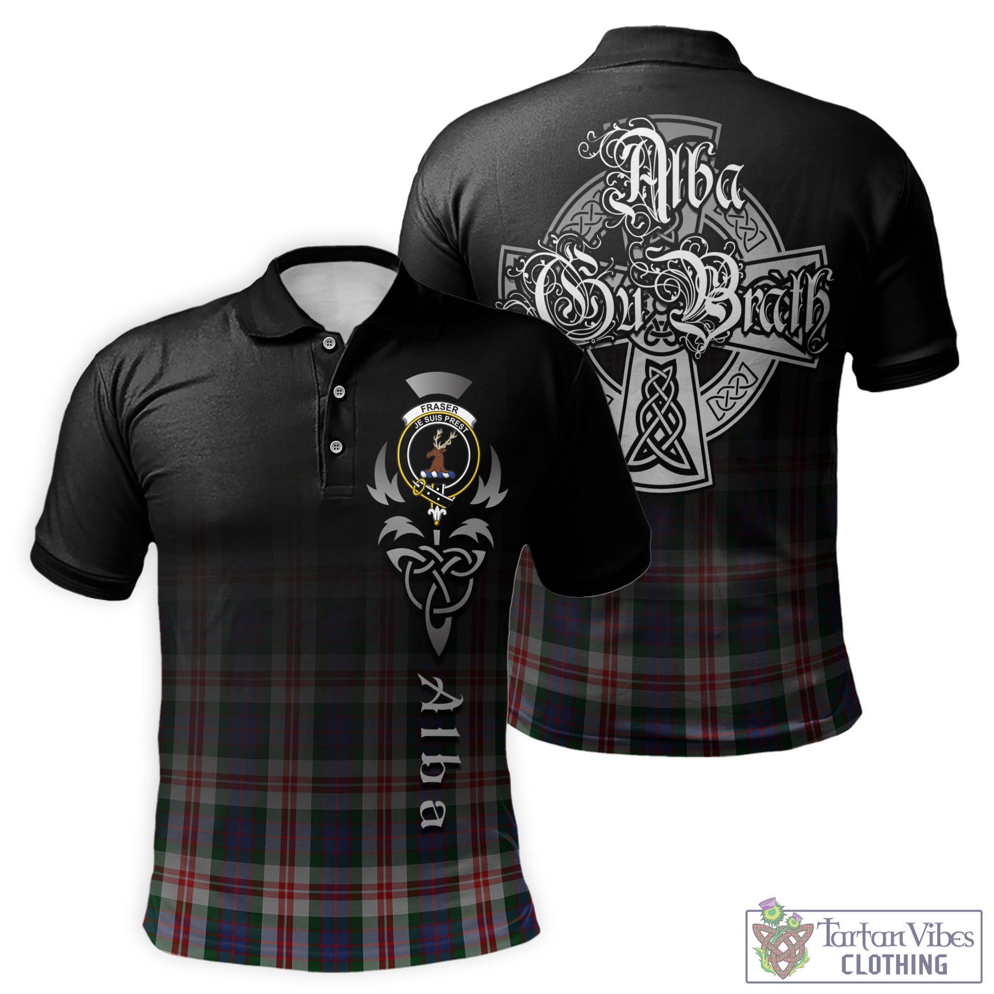 Tartan Vibes Clothing Fraser Red Dress Tartan Polo Shirt Featuring Alba Gu Brath Family Crest Celtic Inspired