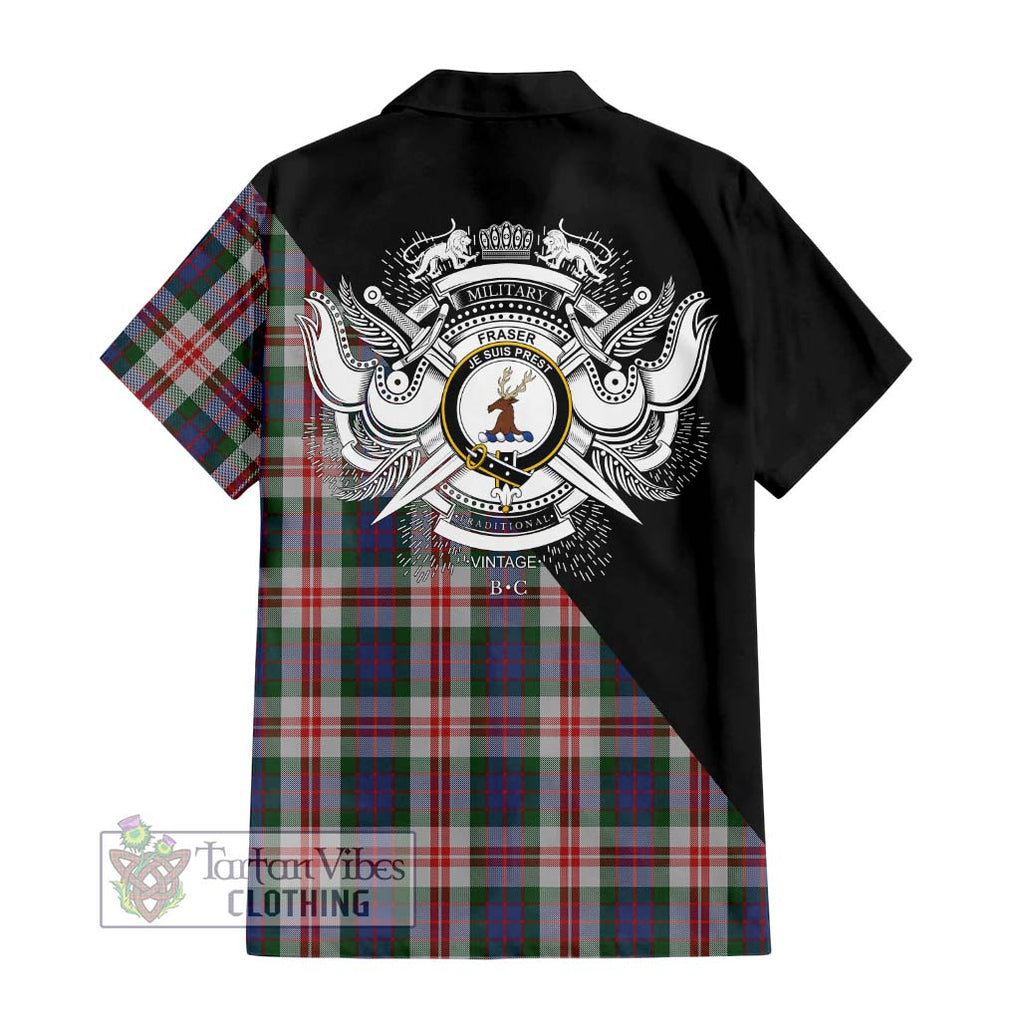 Fraser Red Dress Tartan Short Sleeve Button Shirt with Family Crest and Military Logo Style - Tartanvibesclothing Shop