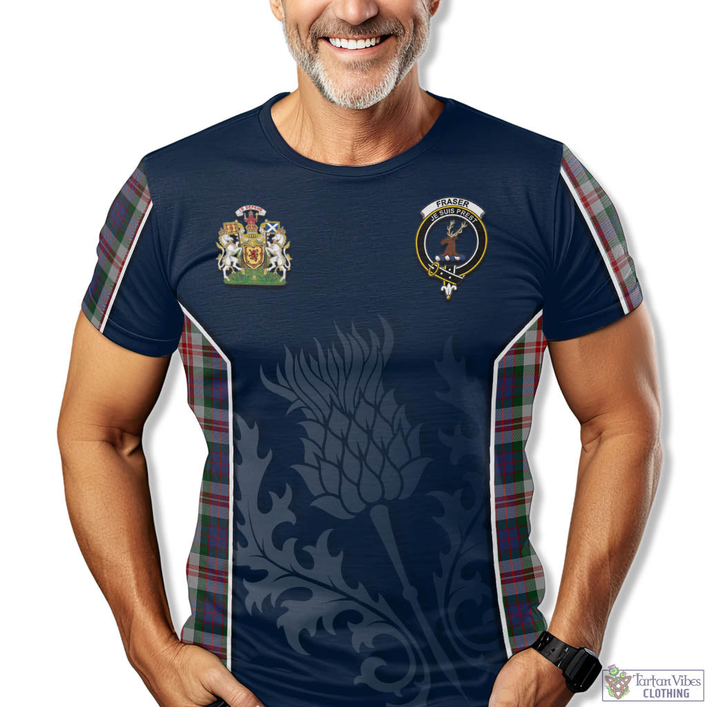 Tartan Vibes Clothing Fraser Red Dress Tartan T-Shirt with Family Crest and Scottish Thistle Vibes Sport Style