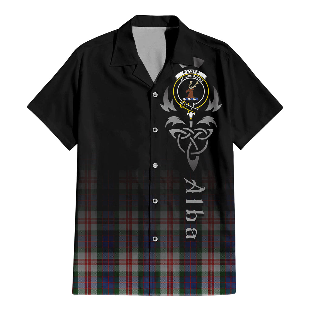 Tartan Vibes Clothing Fraser Red Dress Tartan Short Sleeve Button Up Featuring Alba Gu Brath Family Crest Celtic Inspired