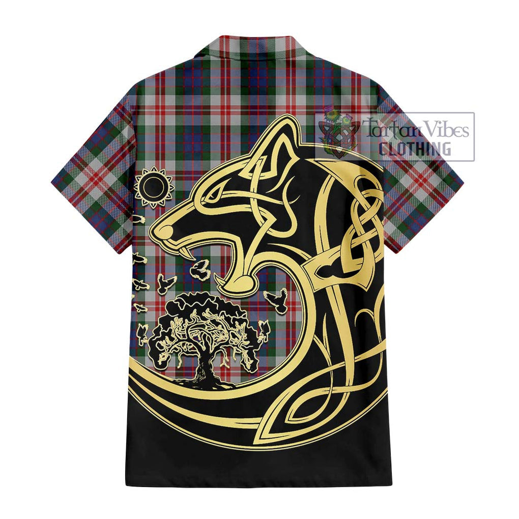 Fraser Red Dress Tartan Short Sleeve Button Shirt with Family Crest Celtic Wolf Style - Tartan Vibes Clothing