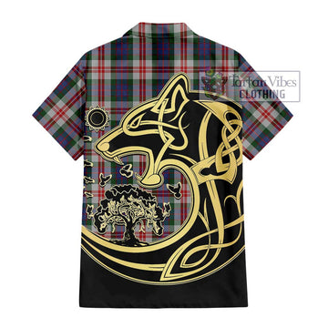 Fraser Red Dress Tartan Short Sleeve Button Shirt with Family Crest Celtic Wolf Style