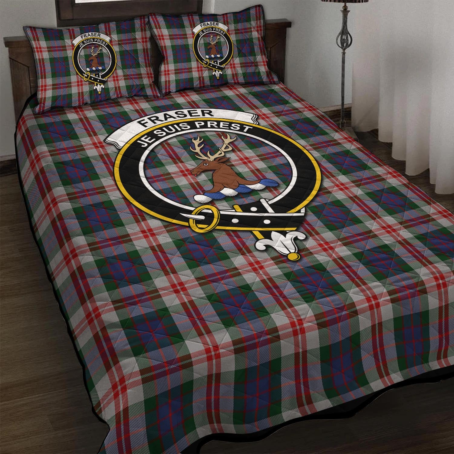 Fraser Red Dress Tartan Quilt Bed Set with Family Crest - Tartan Vibes Clothing