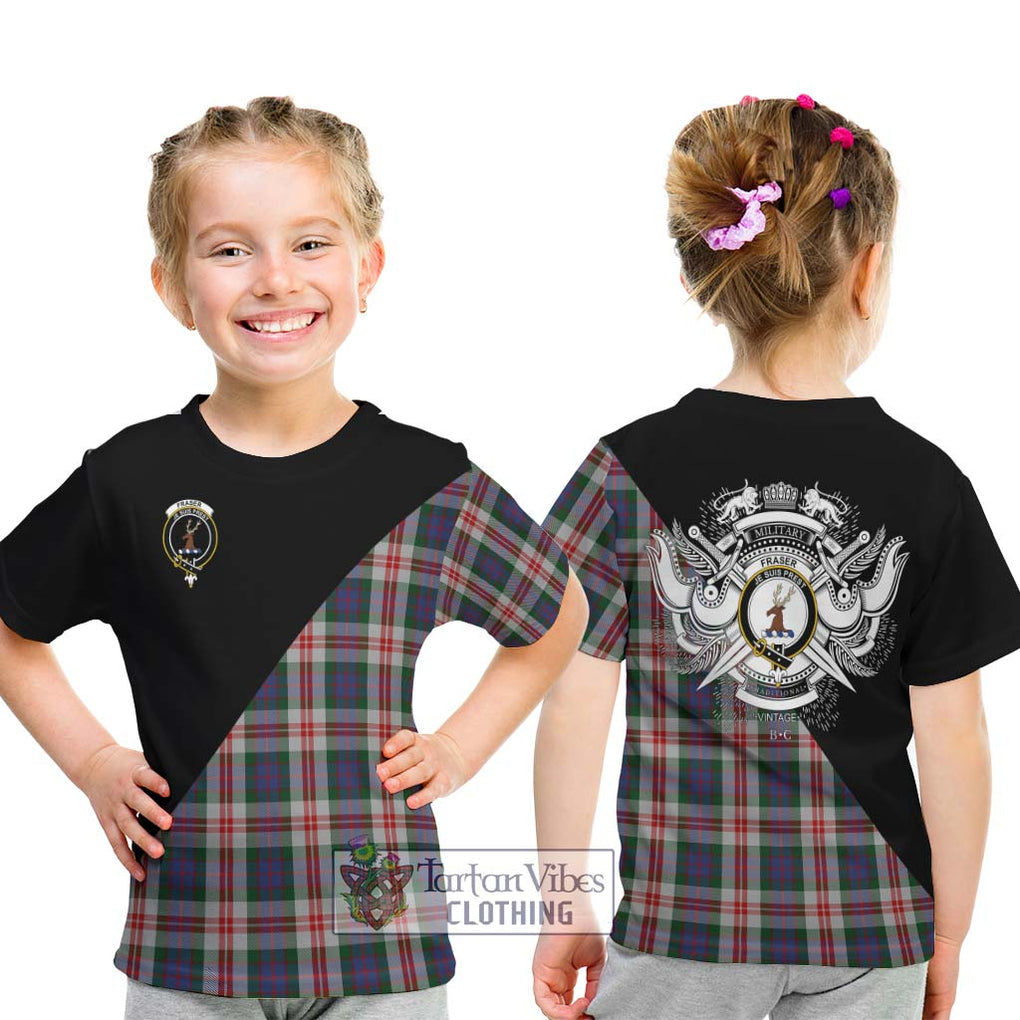 Fraser Red Dress Tartan Kid T-Shirt with Family Crest and Military Logo Style - Tartanvibesclothing Shop