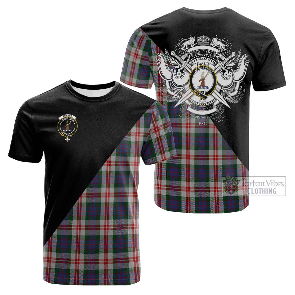 Tartan Vibes Clothing Fraser Red Dress Tartan Cotton T-shirt with Family Crest and Military Logo Style