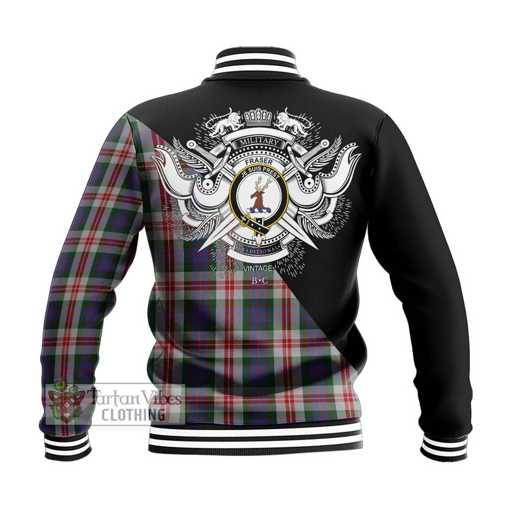 Fraser Red Dress Tartan Baseball Jacket with Family Crest and Military Logo Style - Tartanvibesclothing Shop