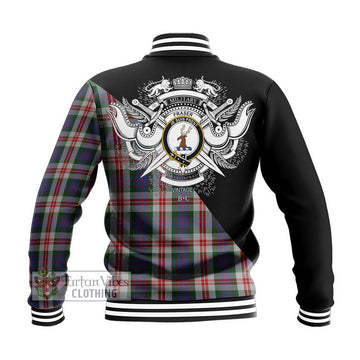 Fraser Red Dress Tartan Baseball Jacket with Family Crest and Military Logo Style