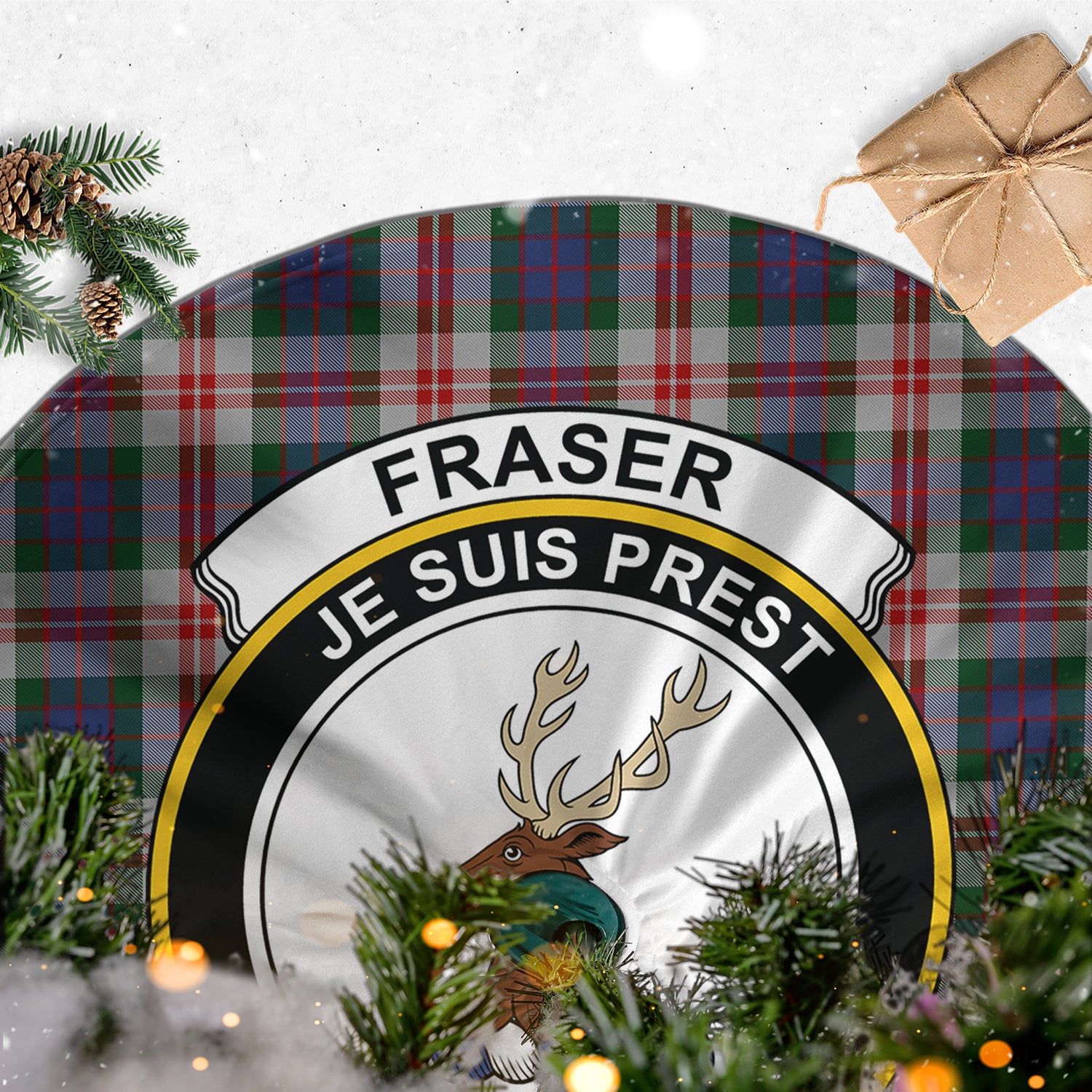 Fraser Red Dress Tartan Christmas Tree Skirt with Family Crest - Tartanvibesclothing