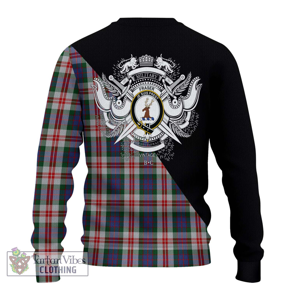 Fraser Red Dress Tartan Knitted Sweater with Family Crest and Military Logo Style - Tartanvibesclothing Shop