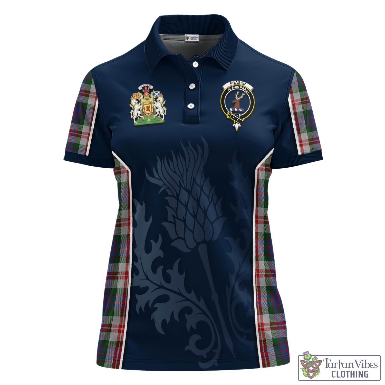 Tartan Vibes Clothing Fraser Red Dress Tartan Women's Polo Shirt with Family Crest and Scottish Thistle Vibes Sport Style