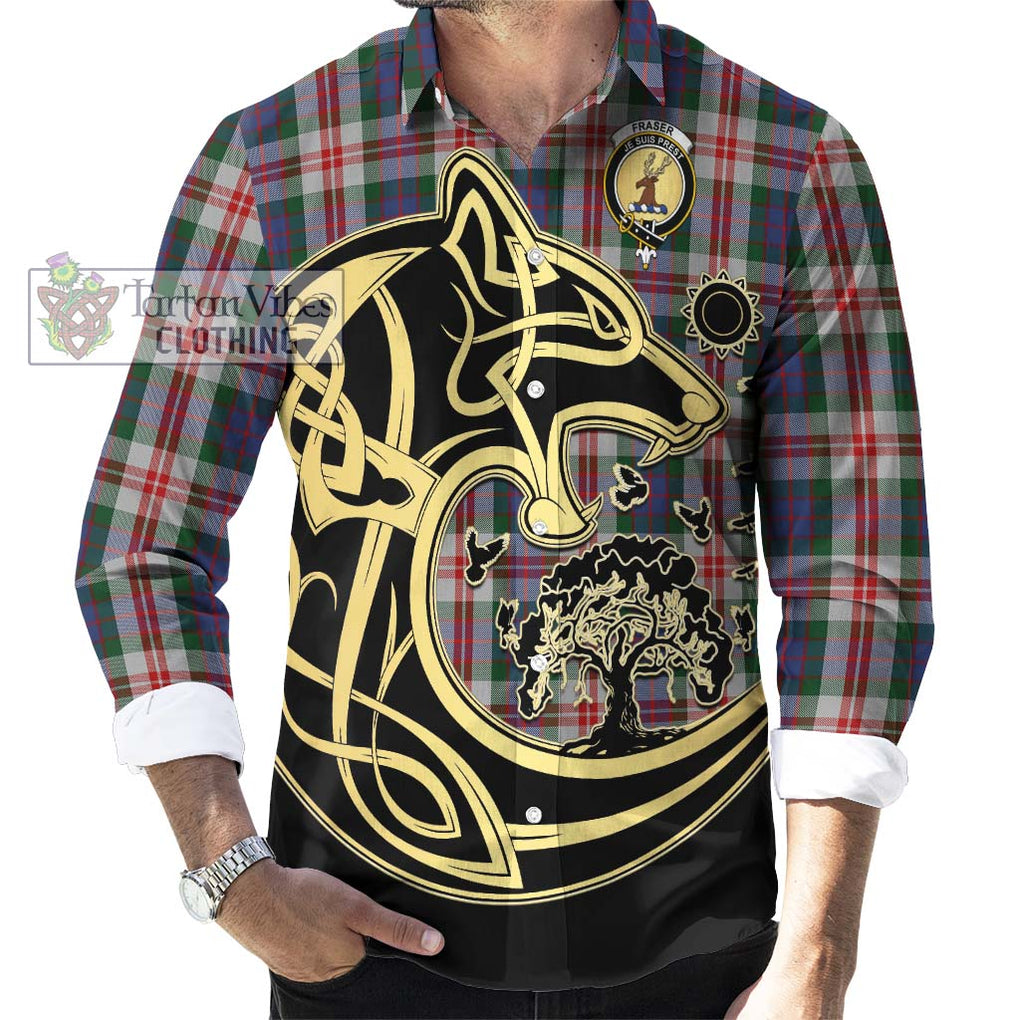 Fraser Red Dress Tartan Long Sleeve Button Shirt with Family Crest Celtic Wolf Style - Tartan Vibes Clothing