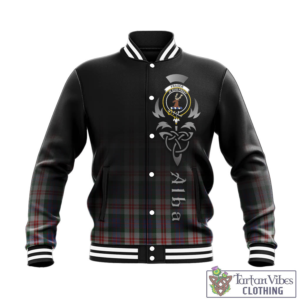 Tartan Vibes Clothing Fraser Red Dress Tartan Baseball Jacket Featuring Alba Gu Brath Family Crest Celtic Inspired