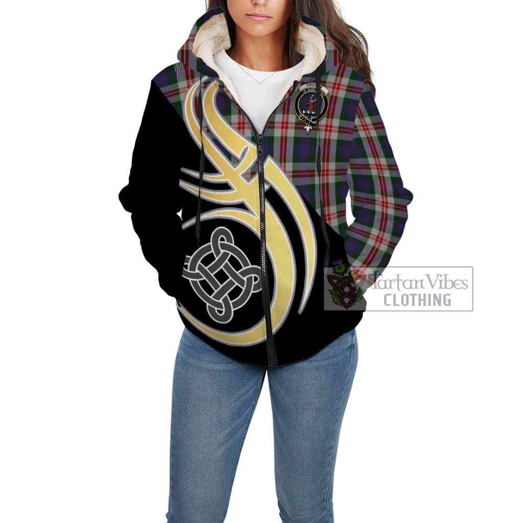 Fraser Red Dress Tartan Sherpa Hoodie with Family Crest and Celtic Symbol Style Unisex - Tartan Vibes Clothing