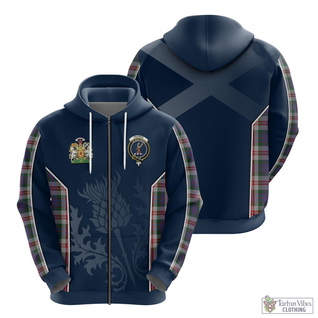 Tartan Vibes Clothing Fraser Red Dress Tartan Hoodie with Family Crest and Scottish Thistle Vibes Sport Style