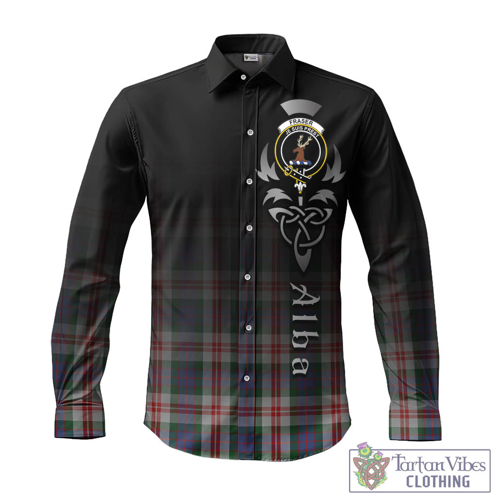 Tartan Vibes Clothing Fraser Red Dress Tartan Long Sleeve Button Up Featuring Alba Gu Brath Family Crest Celtic Inspired