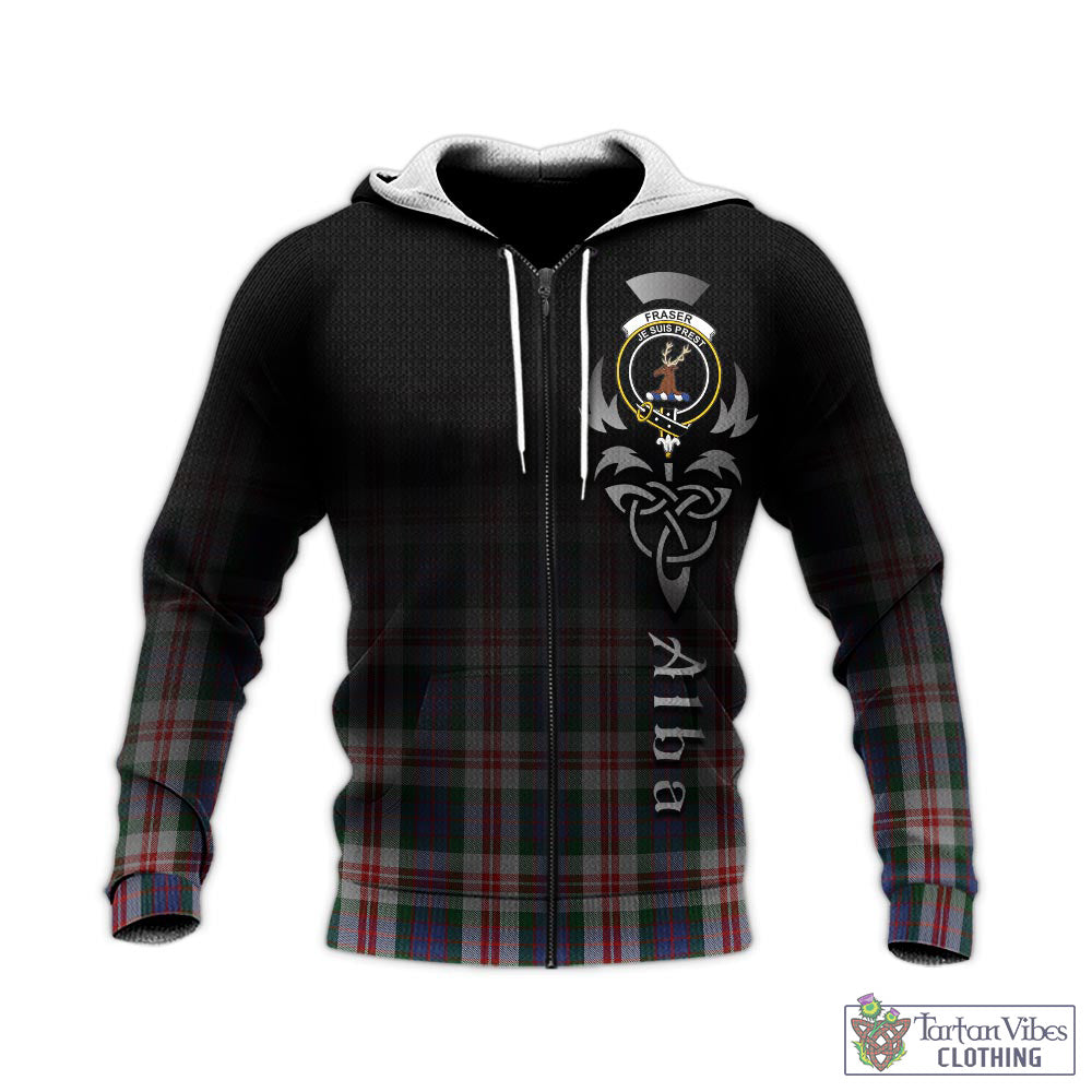 Tartan Vibes Clothing Fraser Red Dress Tartan Knitted Hoodie Featuring Alba Gu Brath Family Crest Celtic Inspired