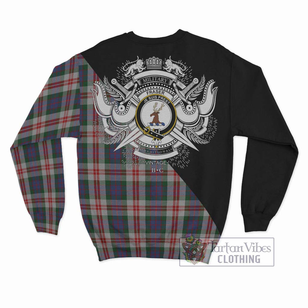 Fraser Red Dress Tartan Sweatshirt with Family Crest and Military Logo Style - Tartanvibesclothing Shop