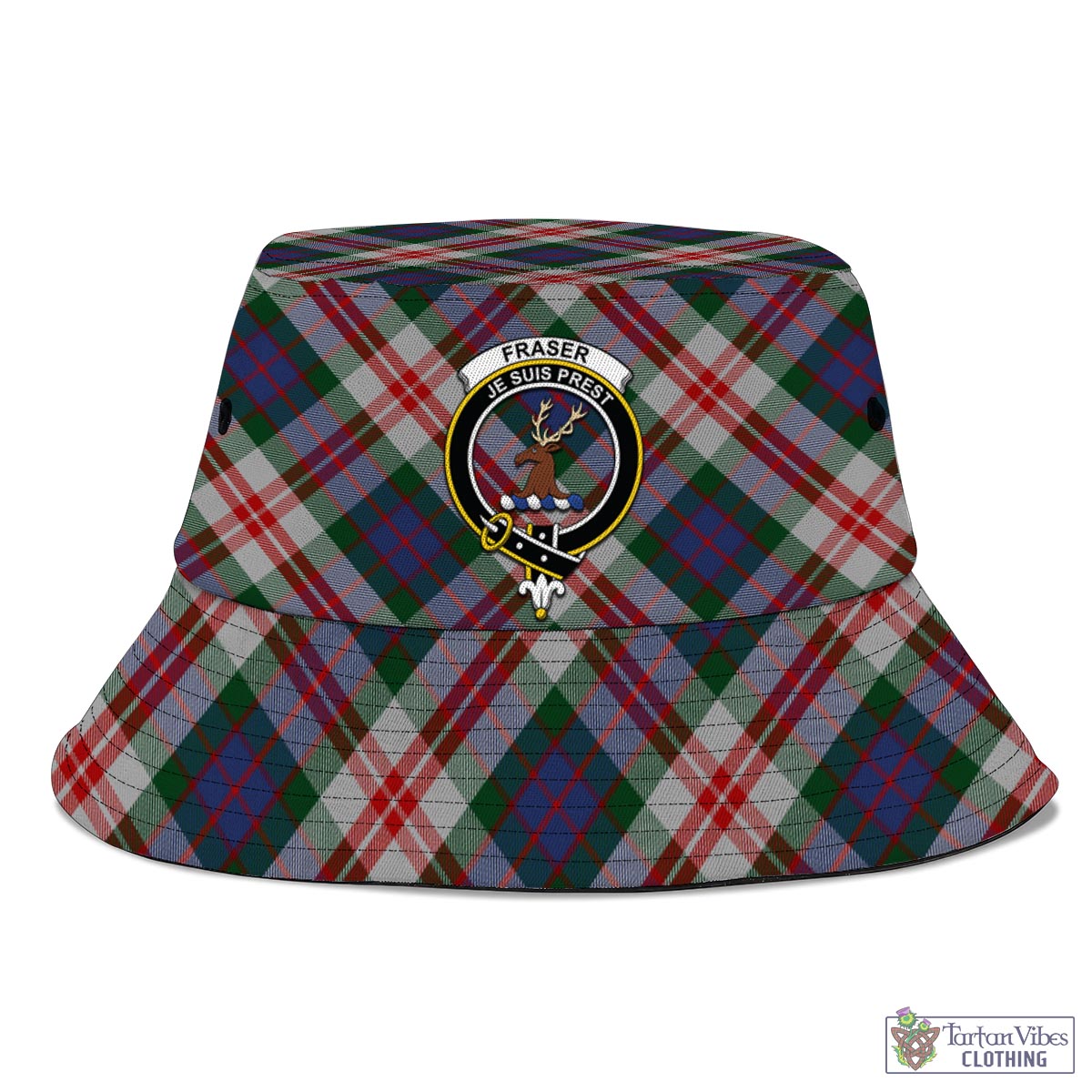 Tartan Vibes Clothing Fraser Red Dress Tartan Bucket Hat with Family Crest