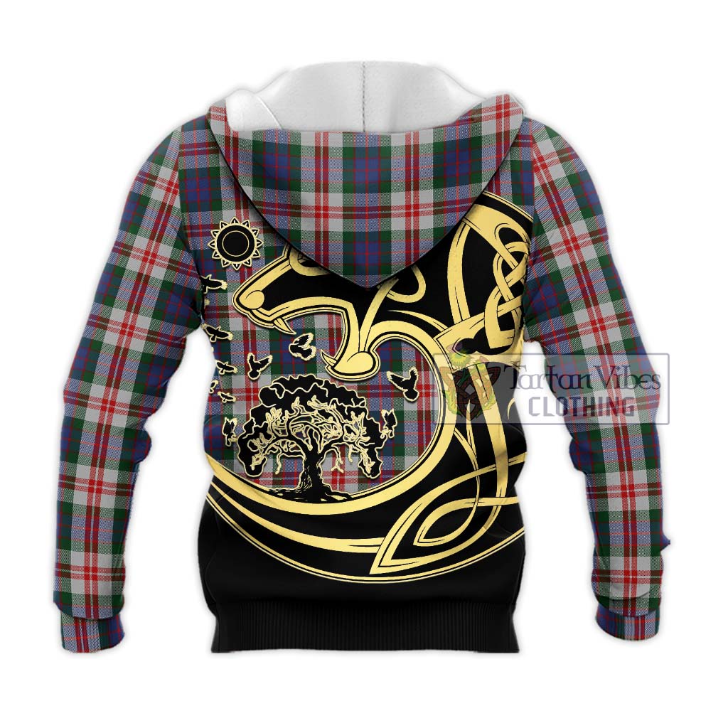 Tartan Vibes Clothing Fraser Red Dress Tartan Knitted Hoodie with Family Crest Celtic Wolf Style
