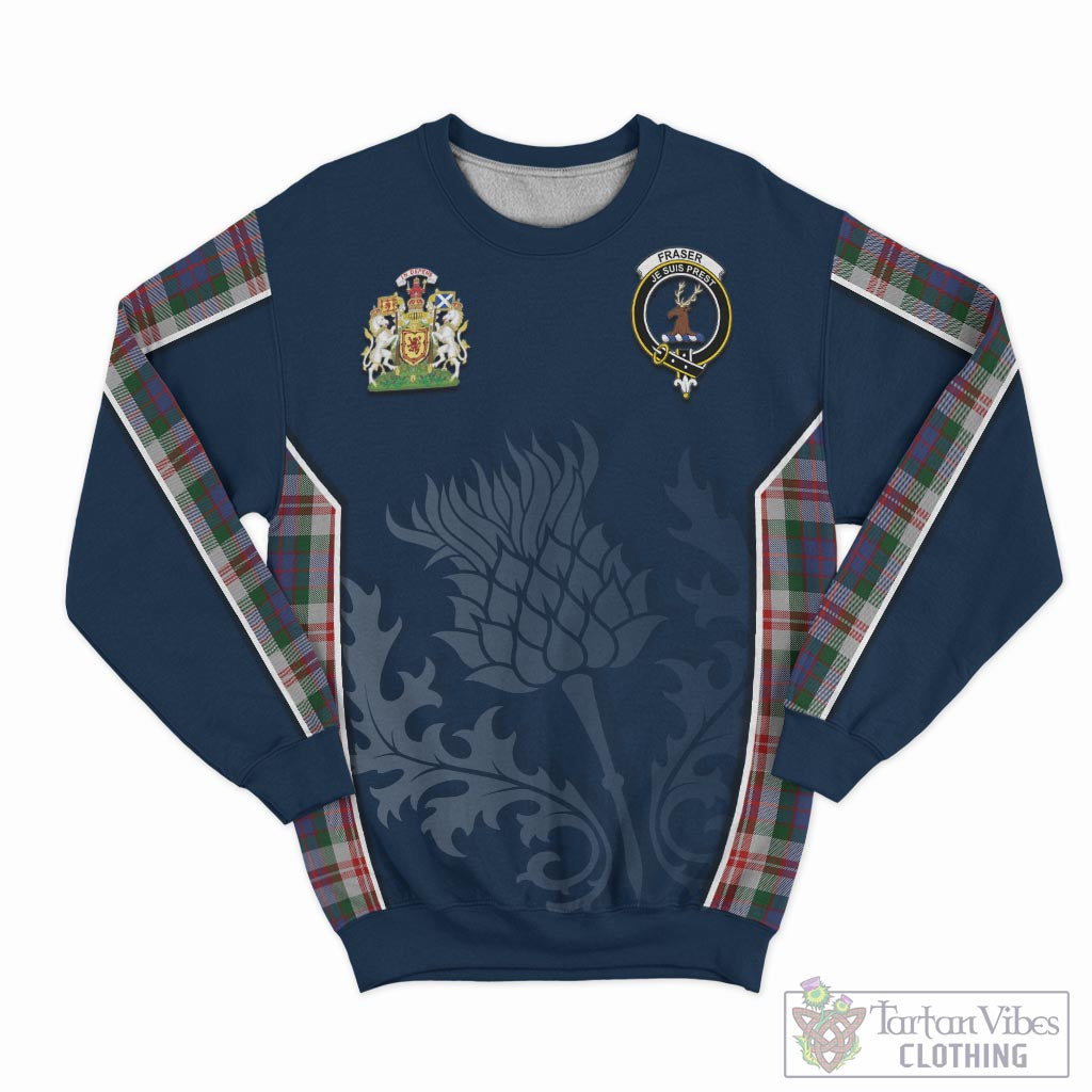 Tartan Vibes Clothing Fraser Red Dress Tartan Sweatshirt with Family Crest and Scottish Thistle Vibes Sport Style