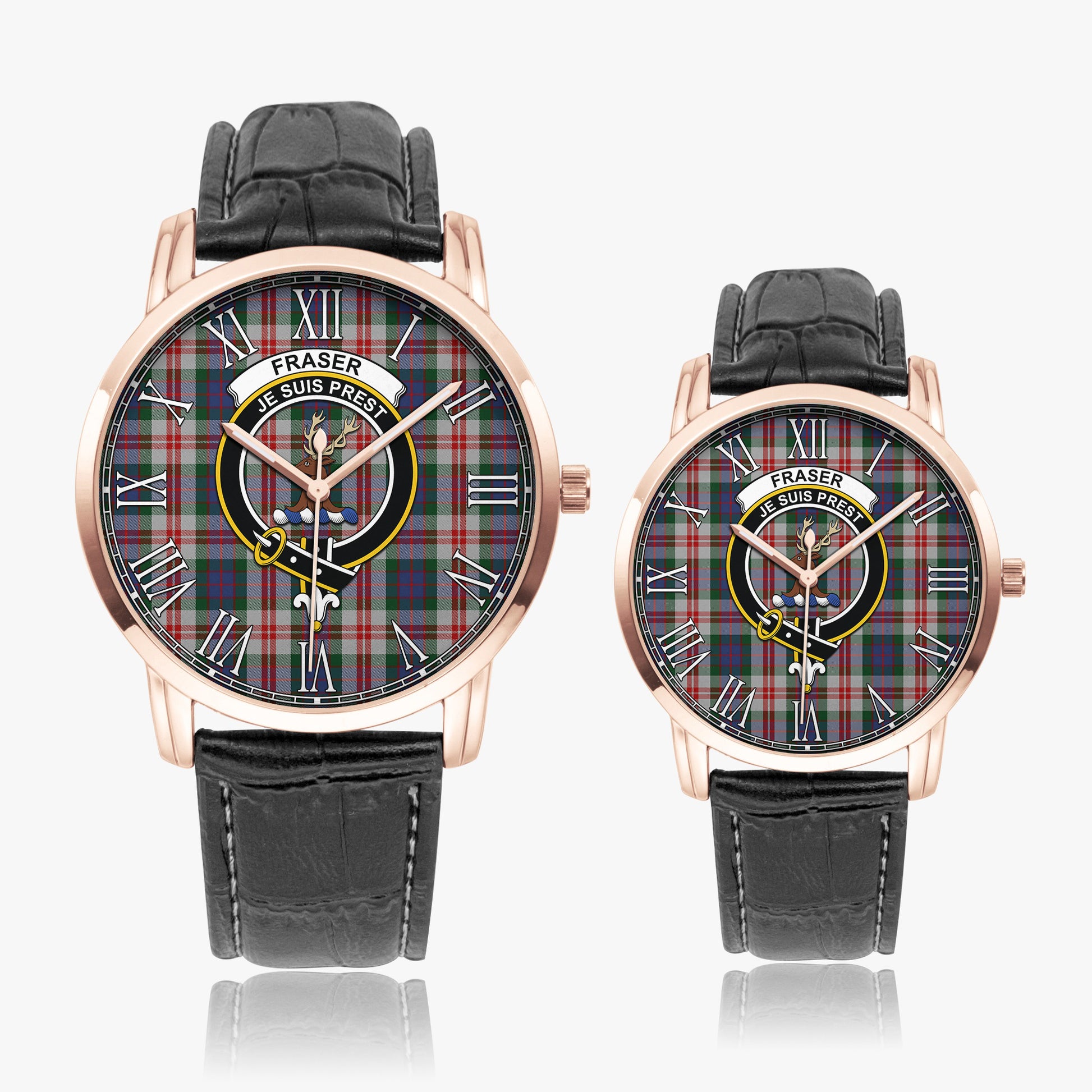 Fraser Red Dress Tartan Family Crest Leather Strap Quartz Watch - Tartanvibesclothing