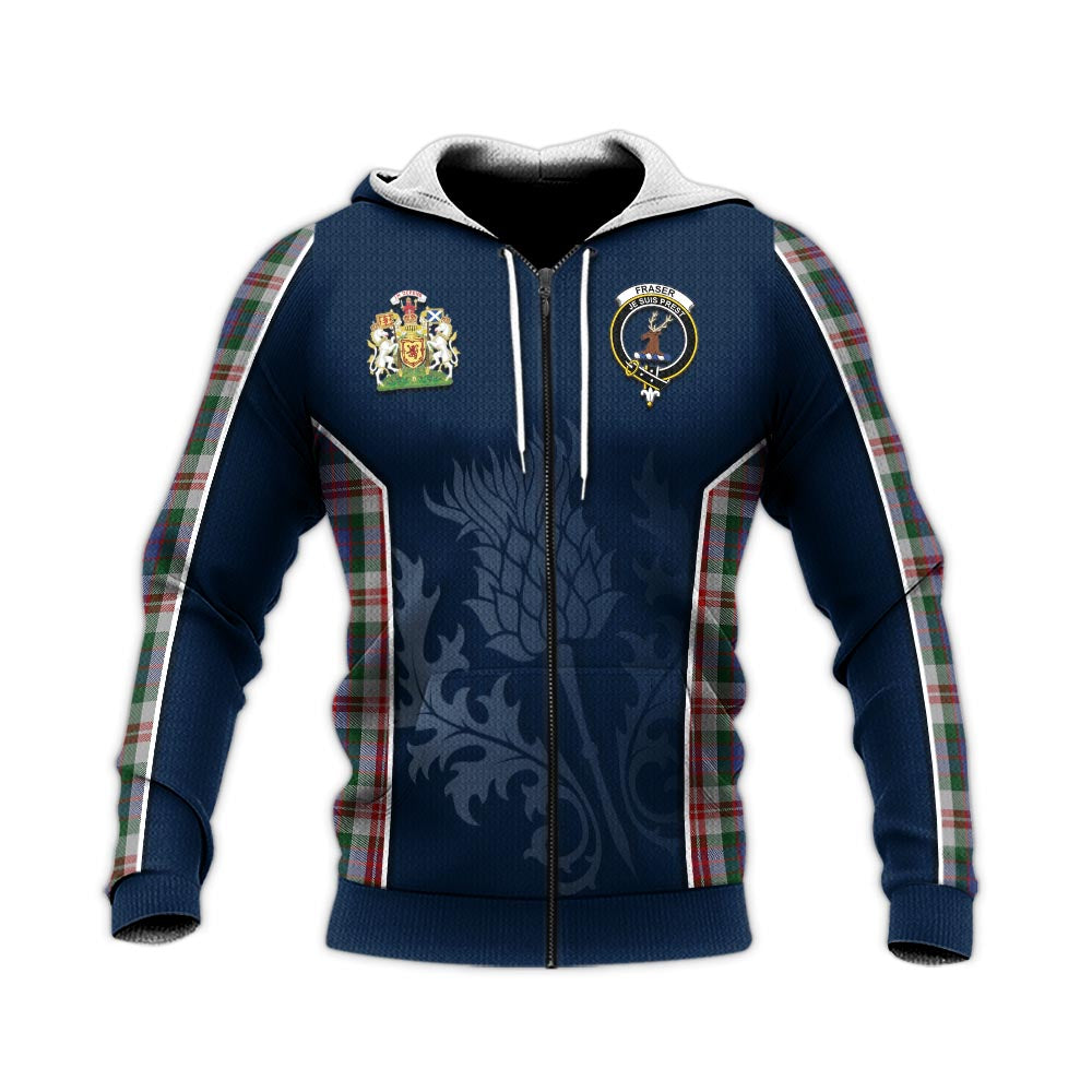 Tartan Vibes Clothing Fraser Red Dress Tartan Knitted Hoodie with Family Crest and Scottish Thistle Vibes Sport Style