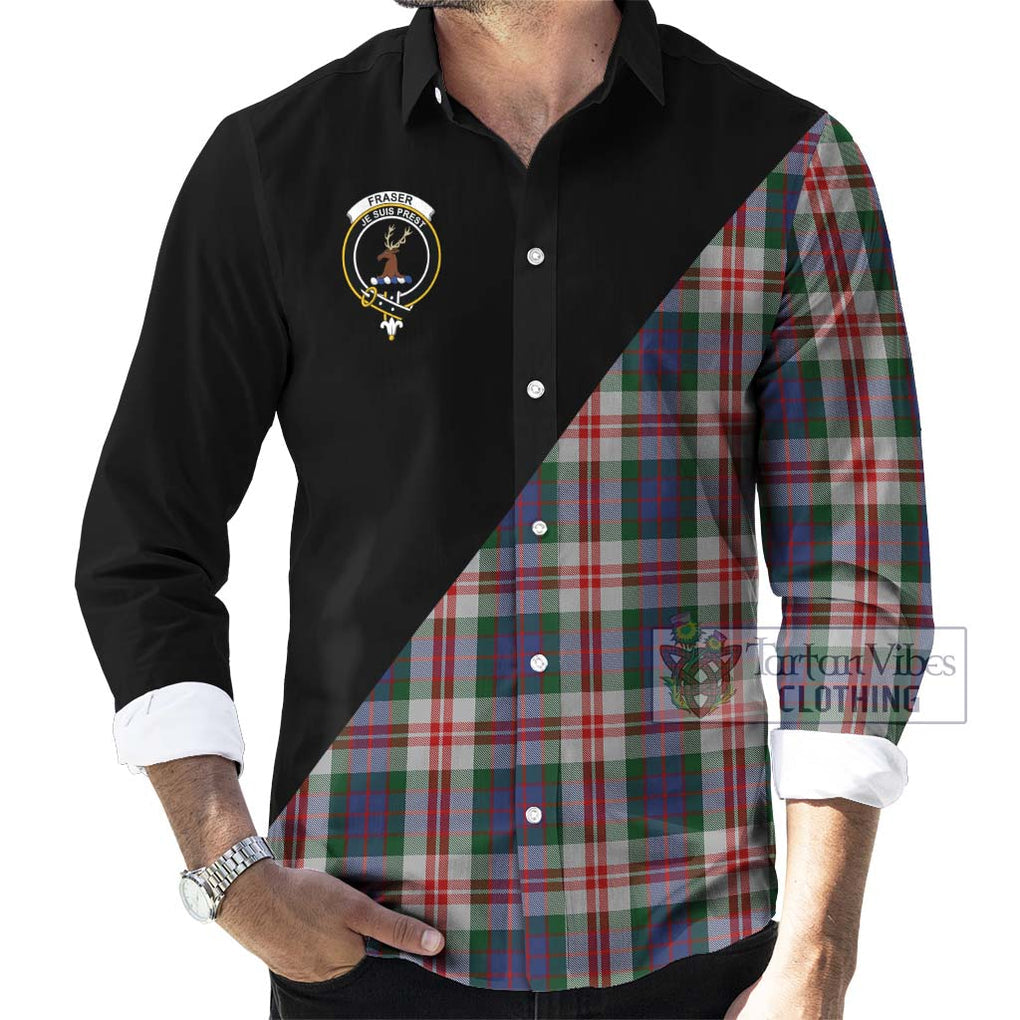 Fraser Red Dress Tartan Long Sleeve Button Shirt with Family Crest and Military Logo Style - Tartanvibesclothing Shop