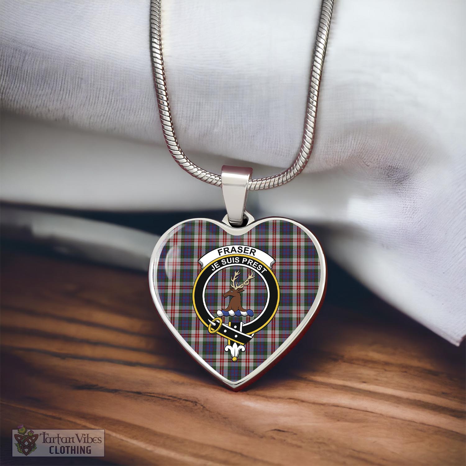 Tartan Vibes Clothing Fraser Red Dress Tartan Heart Necklace with Family Crest