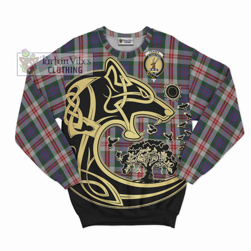 Fraser Red Dress Tartan Sweatshirt with Family Crest Celtic Wolf Style - Tartan Vibes Clothing